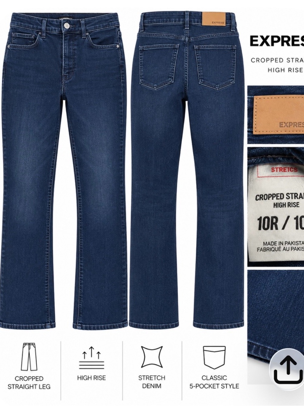 Express Women’s Cropped Straight High Rise Stretch Jeans Dark Wash Size 10R